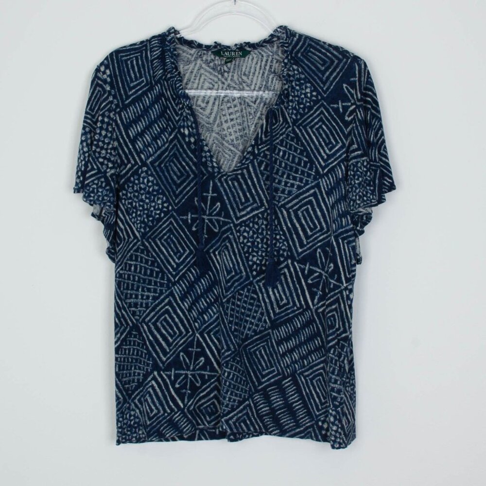 Lauren‎ Ralph Lauren Womens Linen Blend Geometric V Neck Top Size XL Blue Artsy